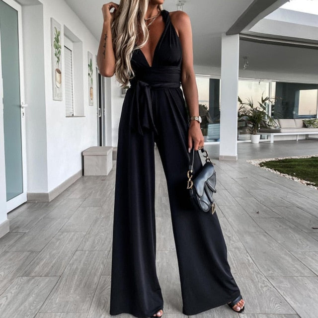 Womens V Neck Tie Belted Waist Parachute Wide Leg Jumpsuit Ladies Harem Womens V Neck Tie Belted Waist Parachute Wide Leg Jumpsuit Ladies Harem