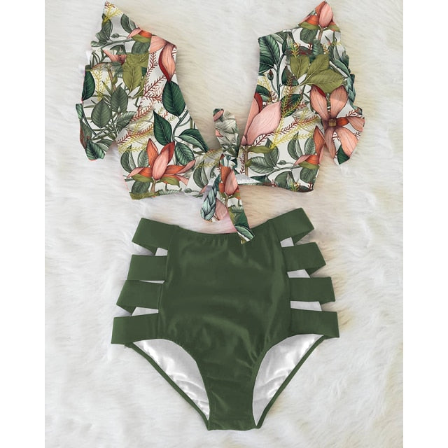 High Waist Floral Ruffle swimsuit -  multiple colors