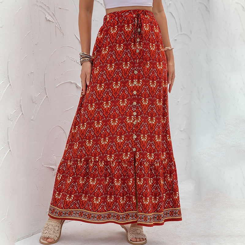 boho maxi skirt, bomemian maxi skirt, red boho skirt, red floral skirt