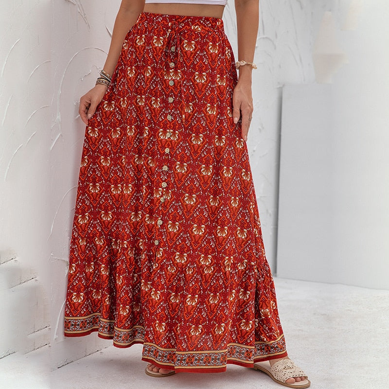boho maxi skirt, bomemian maxi skirt, red boho skirt, red floral skirt