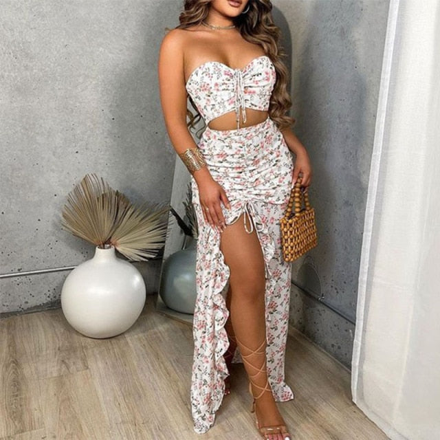 Women Two Piece Set Y2K Boho Floral Print Strapless Tube Top Off Shoul –  Fashiondresses for less