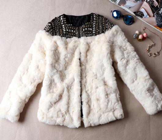 Winter Faux Fur Coat creamy-white hand-made beading rivet Jacket