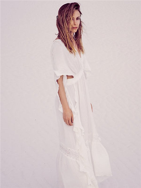 Backless Bohemia Flowing Maxi Dress - Khaki or White