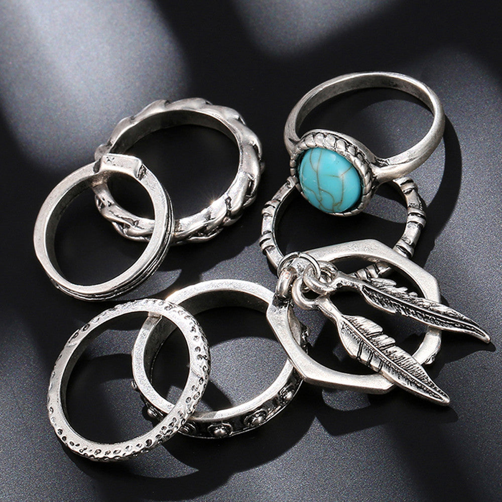 Turquoise Silver Bohemian Midi Ring Set- 7 Pcs/Set