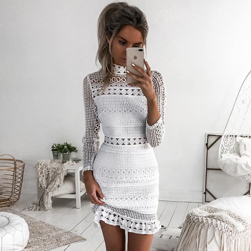 white Long sleeve Cut out Dress, whote long sleeve dress, long sleeve white boho dress, white lace dress