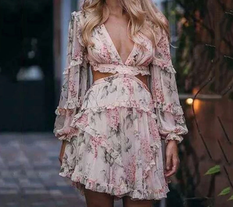 hollow out dress , floral long sleeve dress, floral hollow out dress, chiffon Hollow out cocktail dress.