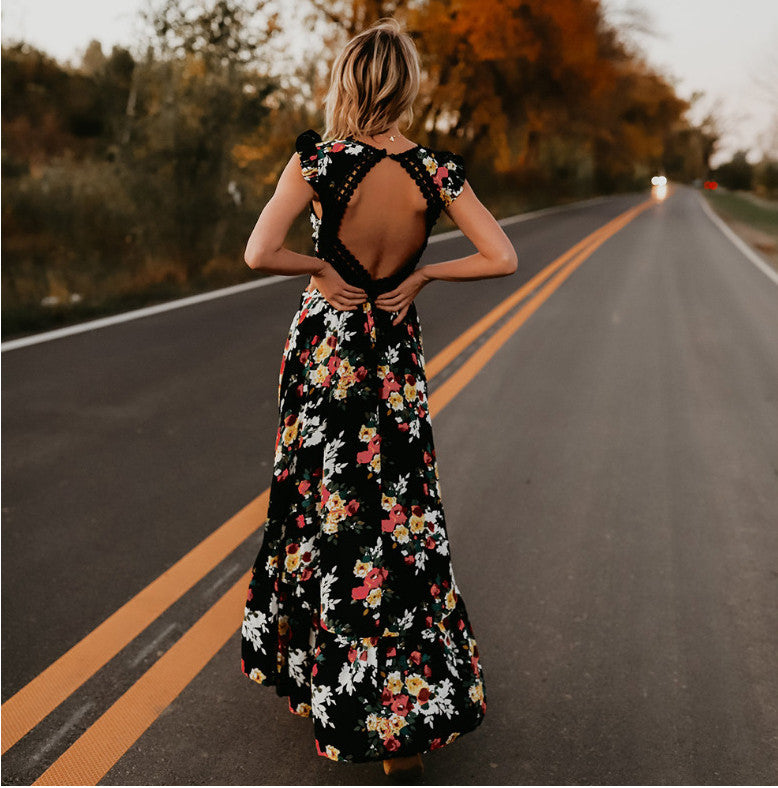 backless floral maxi dress. boho dress. black boho dress