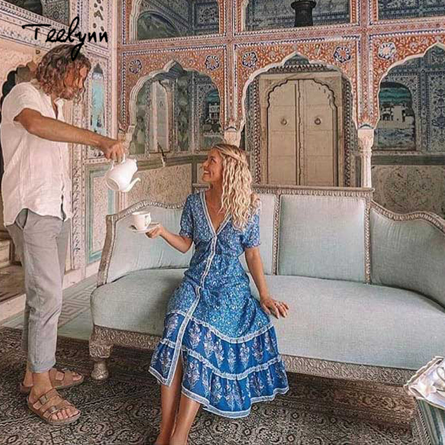 blue boho dresses Women's Summer Crew Neck Floral Print Casual Dress Mid Sleeve Soft High Waist Midi Beach (A Blue,S,US,Alpha,Small,Regular,Regular) at Amazon Women's Clothing store and cascading ruffle details create beautiful movement with every step Boho dress short Aphrodite blue