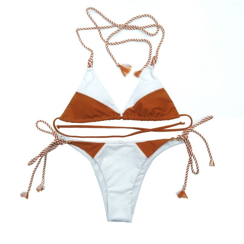 tan bikini set with white bottoms