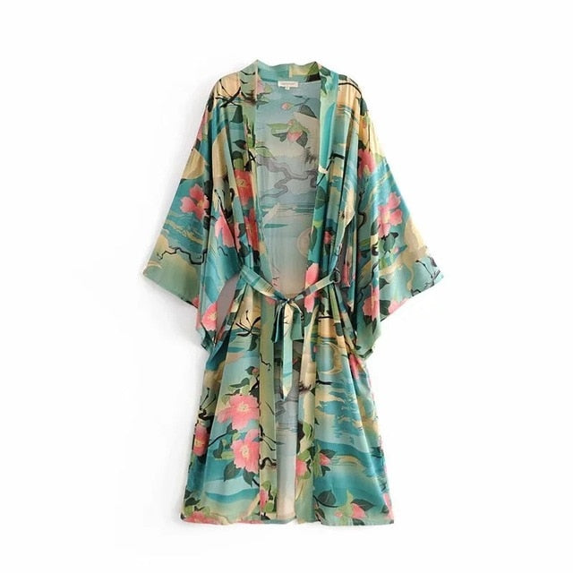 Kimono Jacket | Green Floral Print Kimono Cardigan | Love that