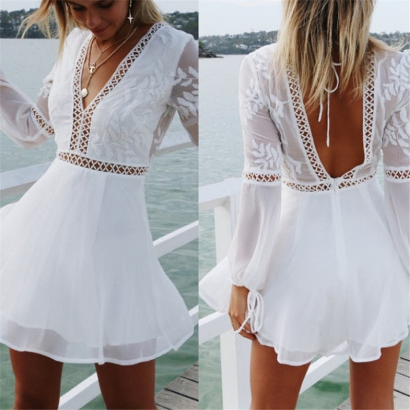 white boho dress , white flare sleeve dress, white backless dress, white puff sleeve dress
