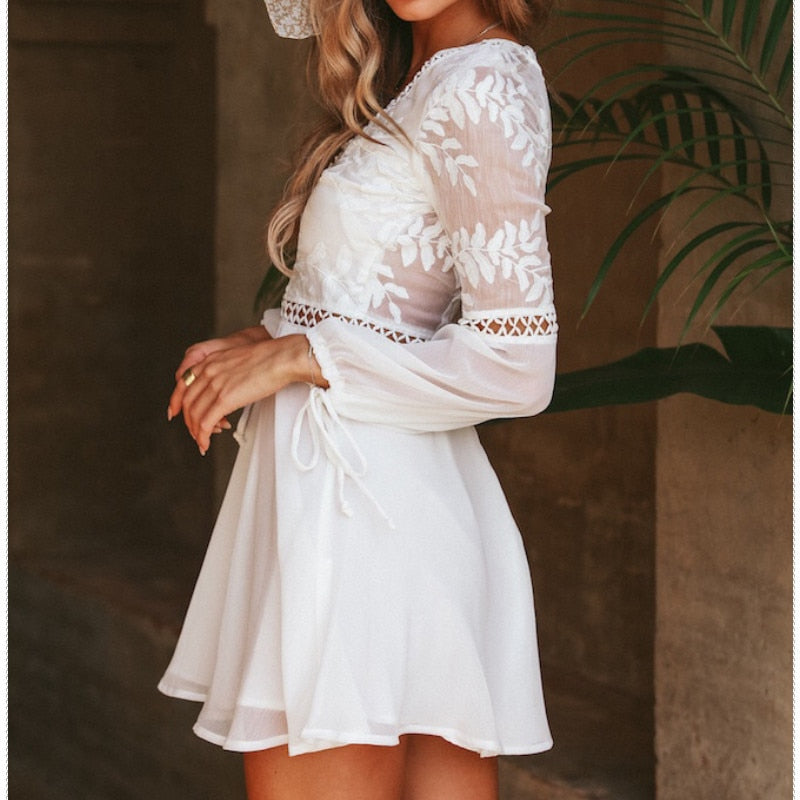 Long Sleeve Backless Mini Dress in White