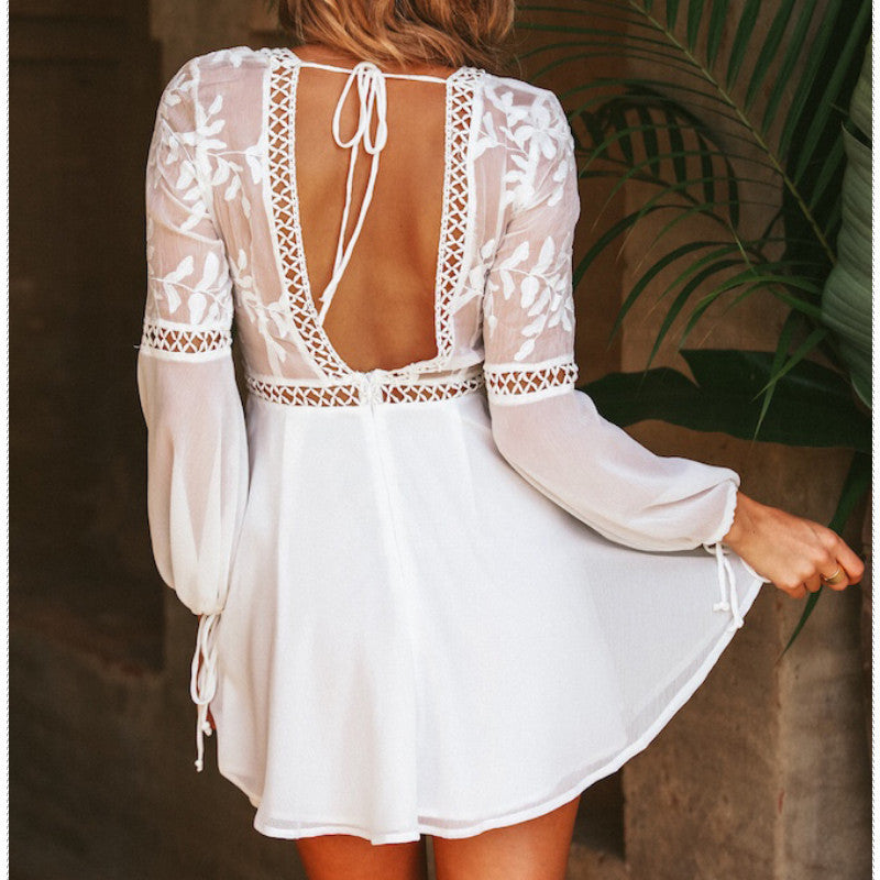 white flare sleeve dress, white backless dress, white puff sleeve dress, backless boho dress