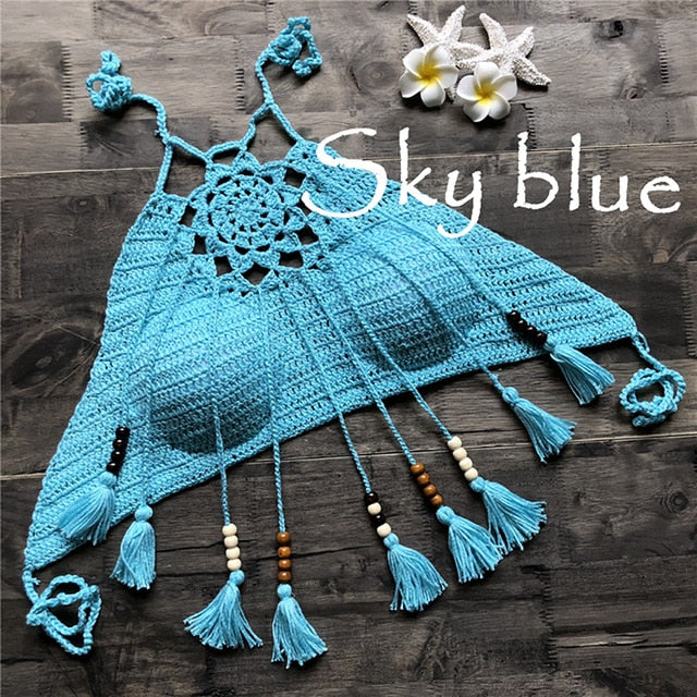 blue crochet crop top with tassels 