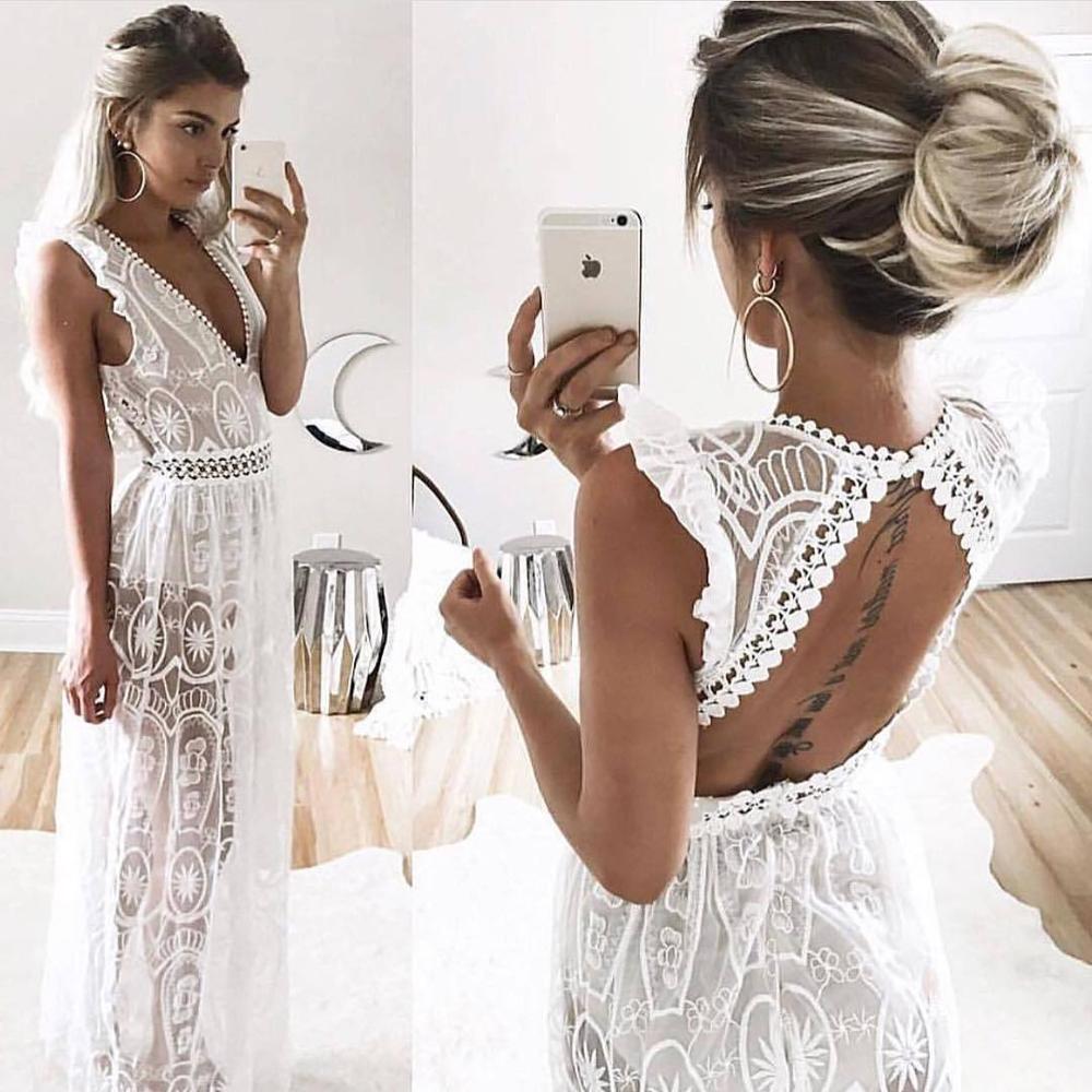 Semi Backless Lace Dress - White / Black